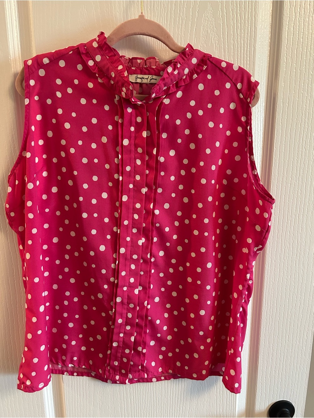 Sleeveless Polka Dot Ruffle-Neck Blouse - Hot Pink